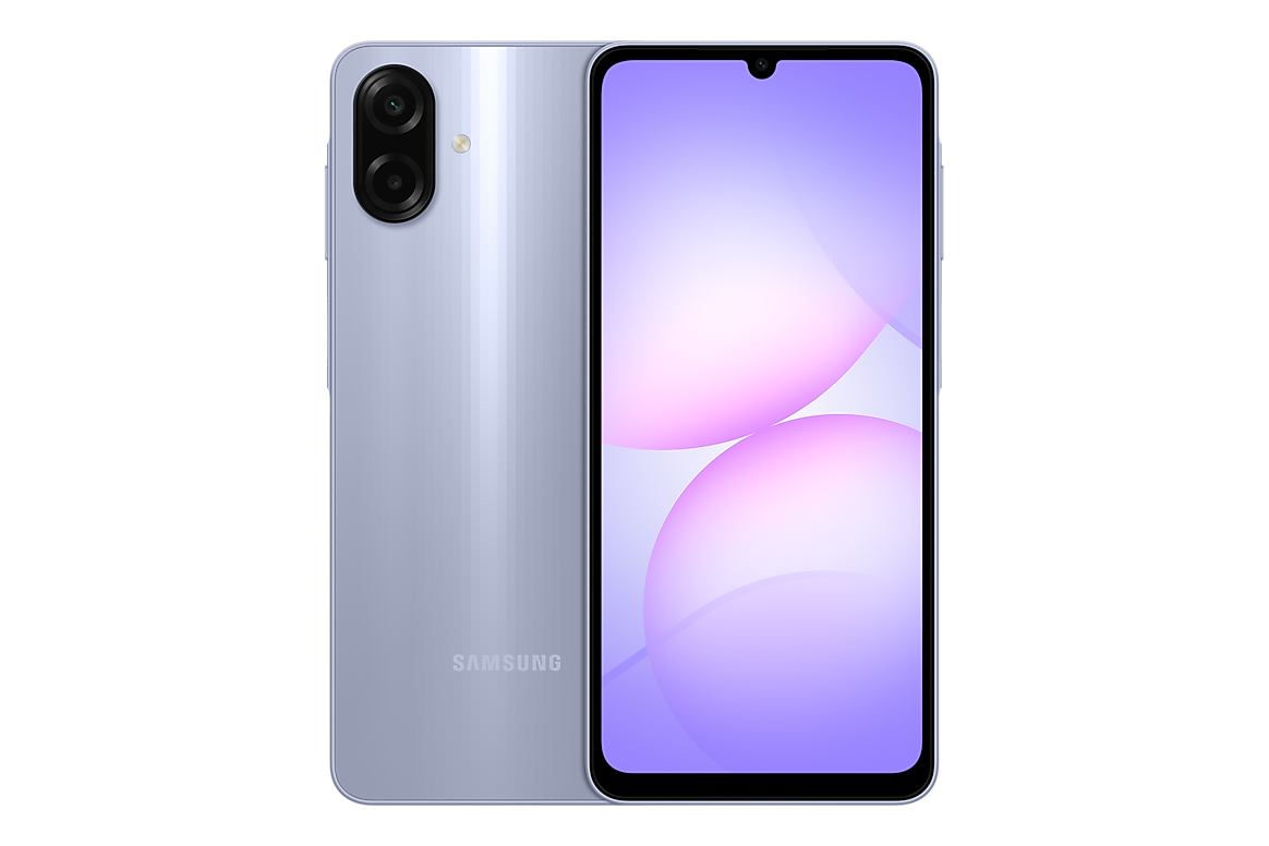 رندر رسمی Galaxy A07 نسخه ۴/۶۴ گیگابایت به رنگ بنفش روشن، نمای جلو و پشت