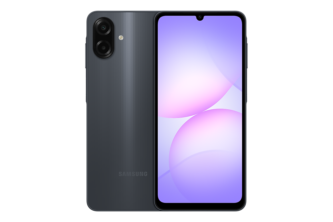 رندر رسمی Galaxy A07 نسخه ۶/۱۲۸ گیگابایت به رنگ مشکی، نمای جلو و پشت