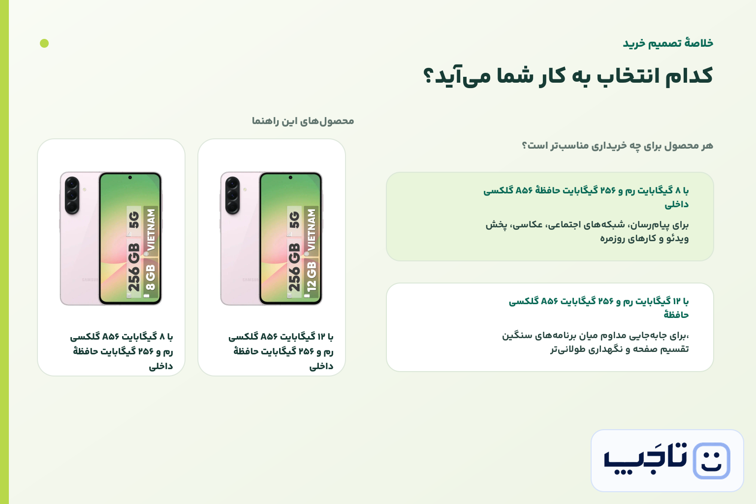اینفوگرافیک خلاصه تصمیم خرید برای Galaxy A56 دو سیم‌کارت ظرفیت ۲۵۶ گیگابایت با رم ۸ در برابر رم ۱۲ گیگابایت، نسخهٔ ویتنام