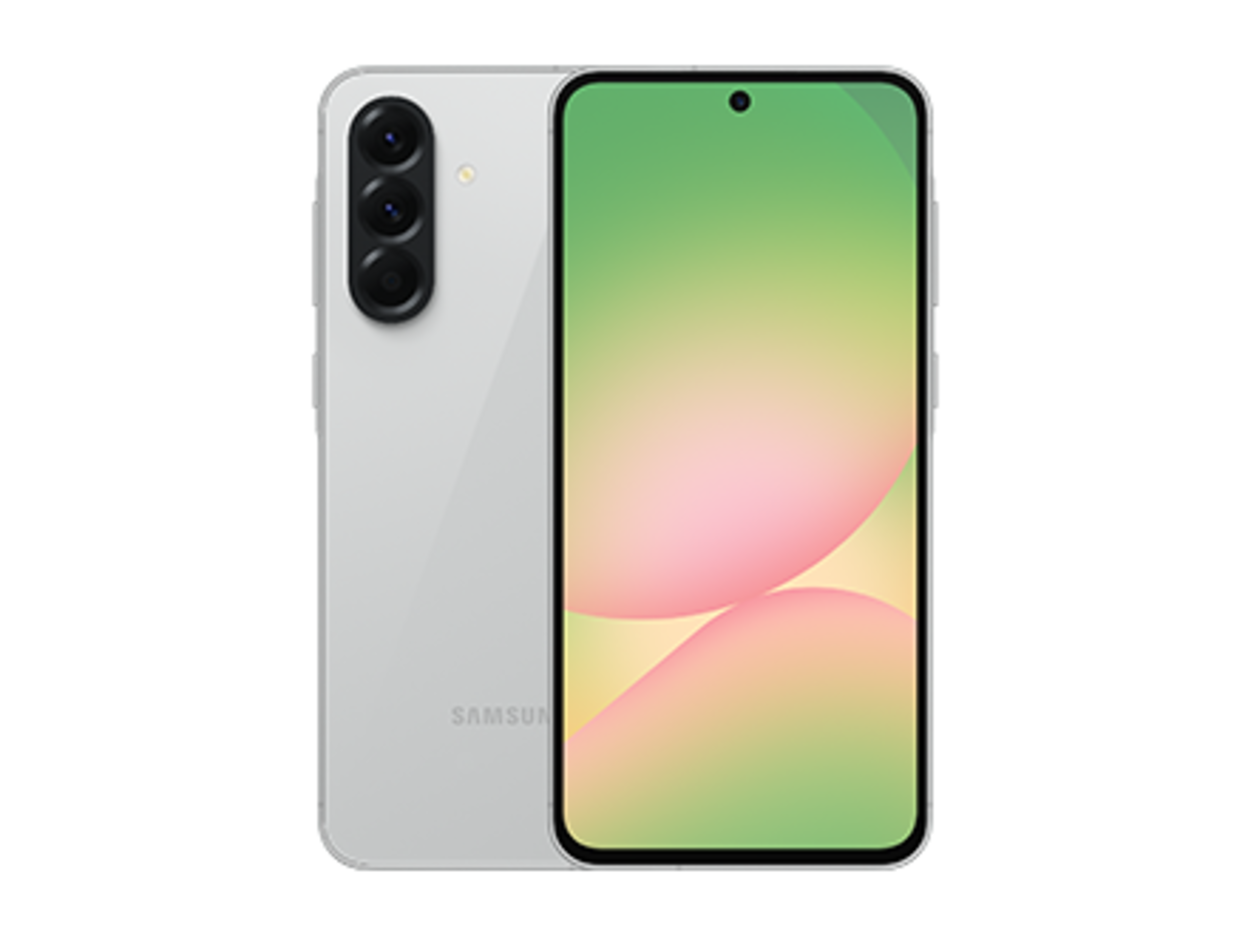 نمای رسمی جلو و پشت سامسونگ Galaxy A56 5G در رنگ خاکستری روشن؛ رنگ کالای عرضهشده در تاجپ ممکن است متفاوت باشد