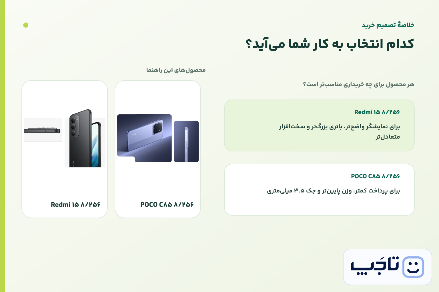 اینفوگرافیک تاجپ برای مقایسه Redmi 15 و POCO C85 نسخه ۸/۲۵۶ گیگابایت