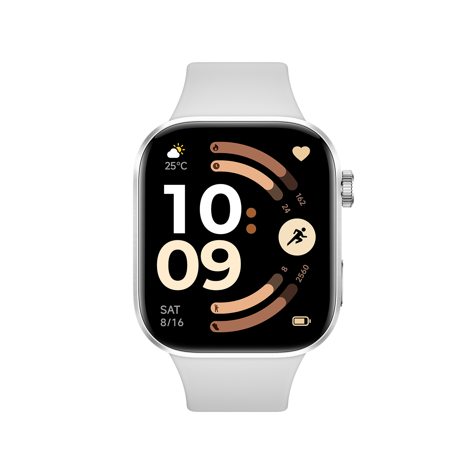 نمای کامل روبه‌روی ساعت هوشمند Redmi Watch 6 با نمایشگر روشن و بند متصل