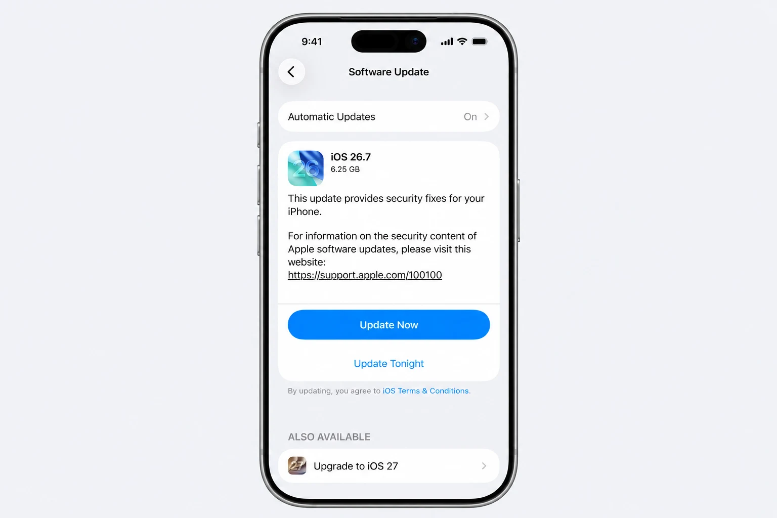 نمونه صفحه Software Update آیفون با گزینه بهروزرسانی iOS 26 و ارتقا به iOS 27