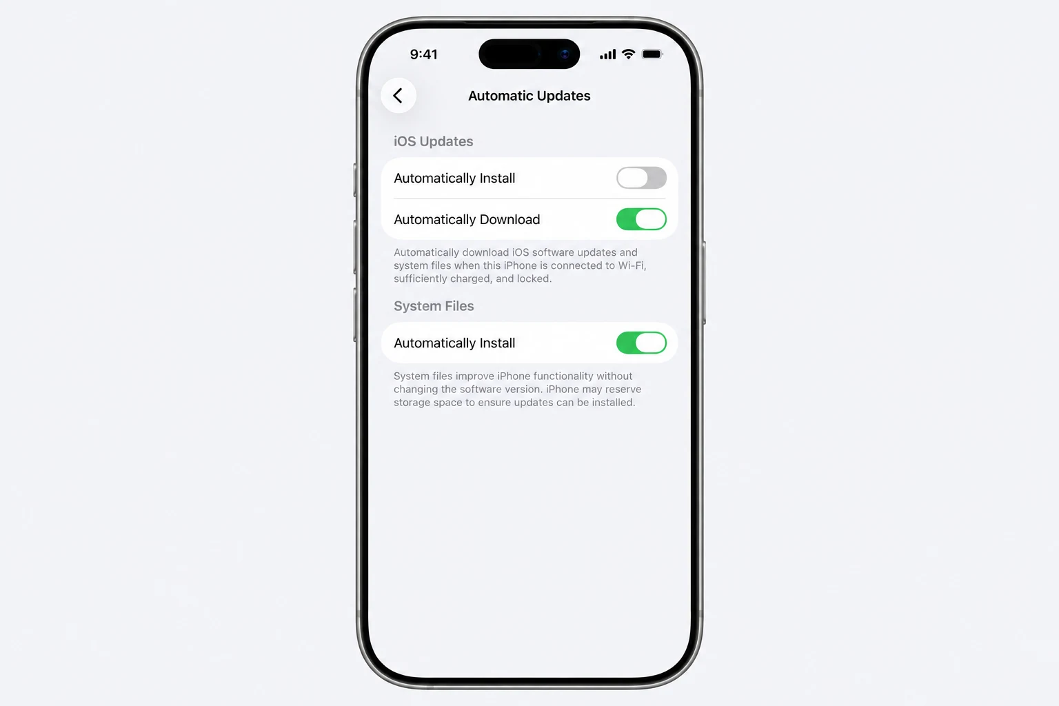 صفحه تنظیمات دریافت و نصب خودکار بهروزرسانیهای iOS و فایلهای سیستمی در آیفون